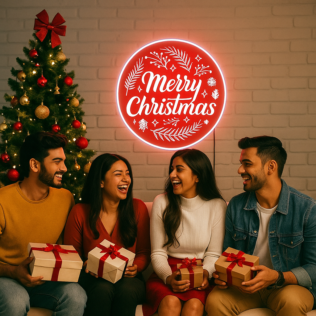 Merry Christmas Round Neon Sign – Warm White LED Holiday Wall Light