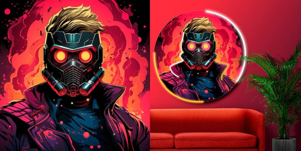 Galactic Masked Hero Neon Wall Art – Futuristic LED Circle Light