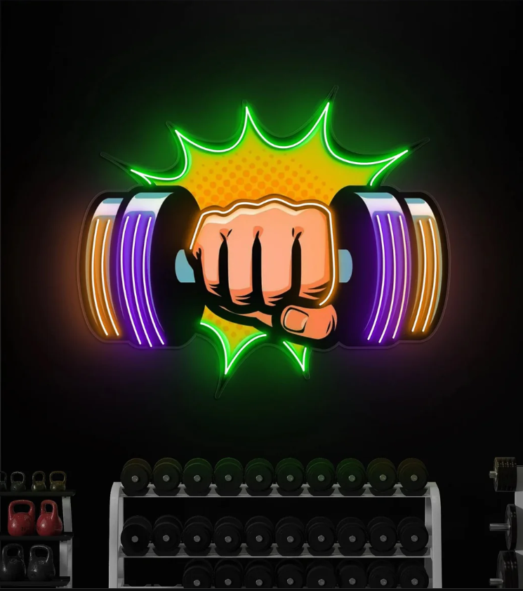 Power Punch Dumbbell UV Print Neon Wall Art – Gym Strength LED Neon Sign