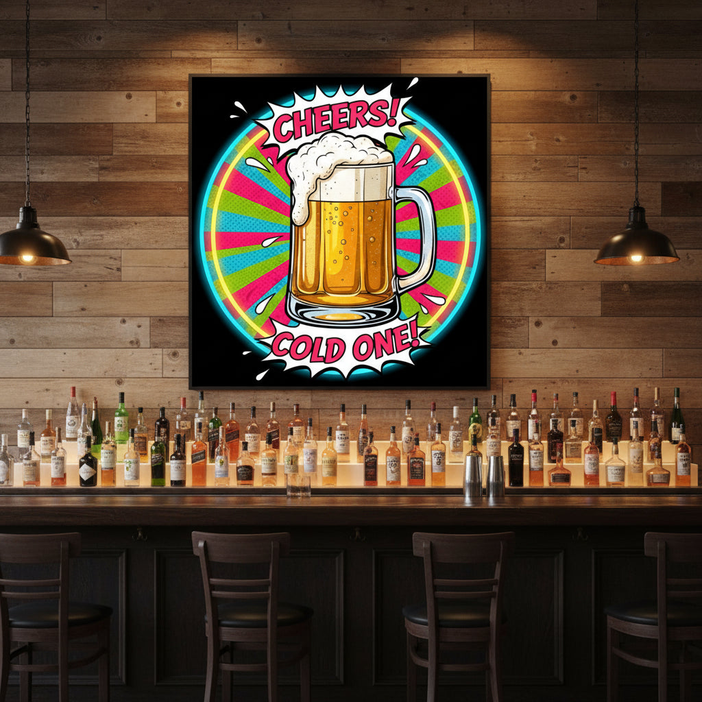 Cheers Cold One Beer Pop Art Neon Sign – Retro Bar Wall Decor( 18x18 inches)