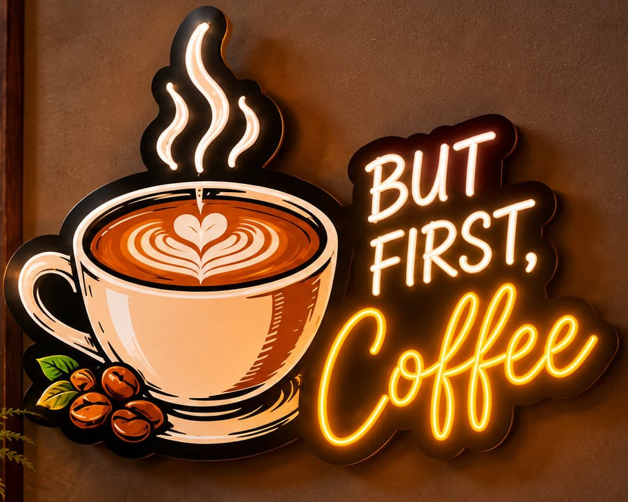 But First, Coffee Neon Sign – Warm White & Golden Yellow LED Wall Light for Cafés Neonsignsindia