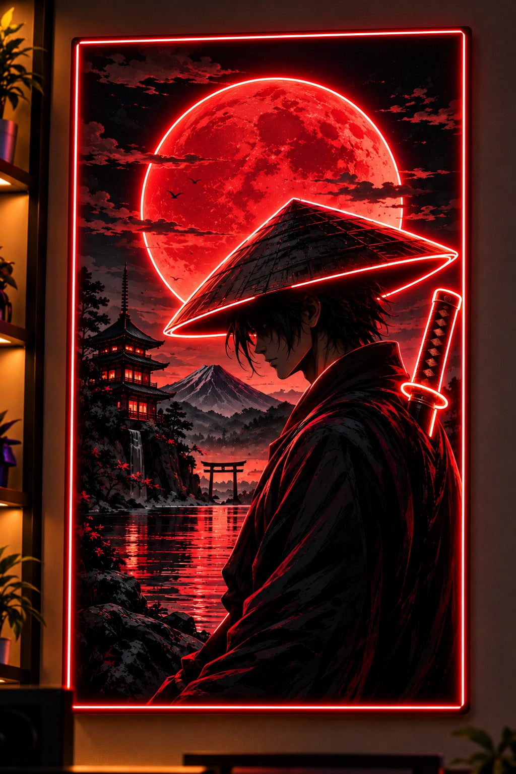 Red Moon Samurai LED Neon Wall Art – Japanese Anime Wall Decor Neonsignsindia