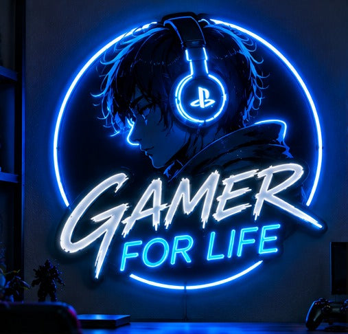 Gamer For Life LED Neon Sign – Blue Anime Gaming Headphone Wall Art Neonsignsindia