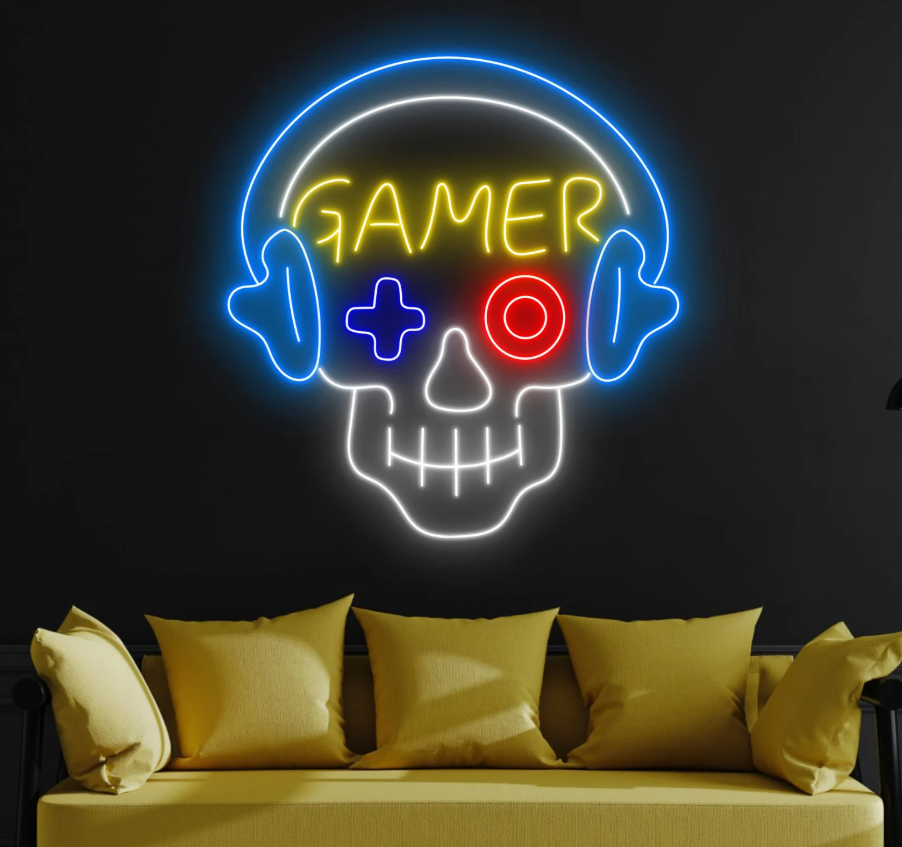 Gamer Skull Neon Sign – LED Gaming Room Wall Light Game Room 20x20 inches