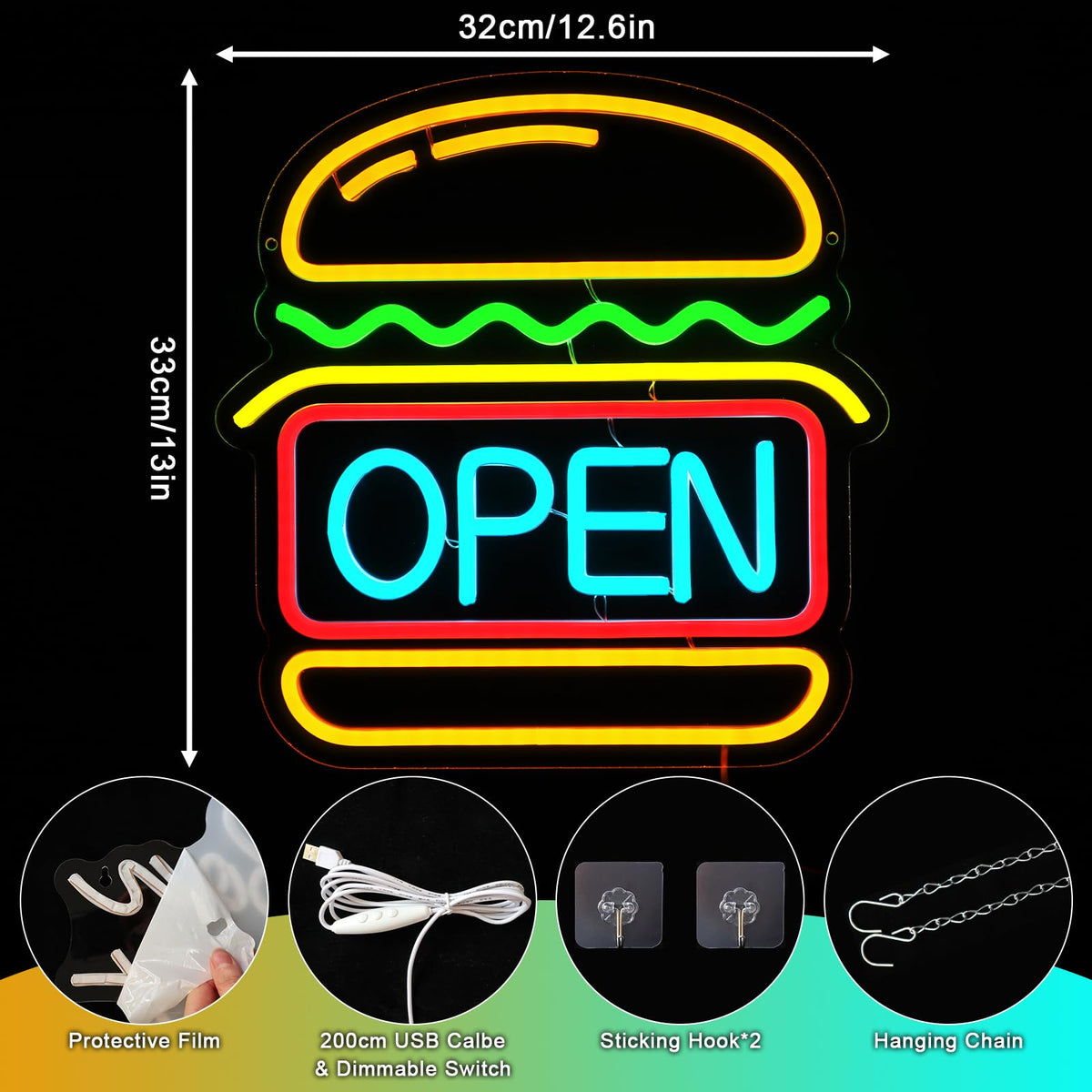 Burger Open Neon (12x13 inches) Neonsignsindia