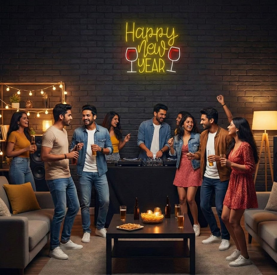 "Happy New Year" LED Neon Sign with Wine Glasses