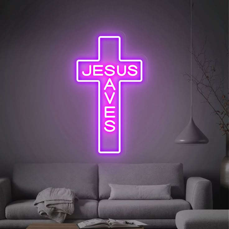 Jesus Saves Neon Cross Light – Purple LED Neon Sign for Church, Prayer Hall & Christian Wall Décor Neonsignsindia