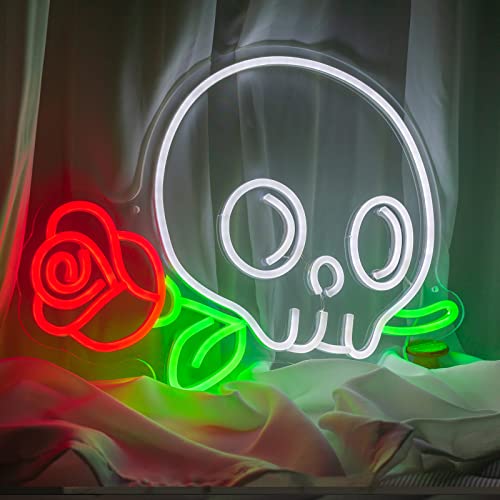 Skull Neon Signs Skeleton Flower Neon Light LED Neon Light Sign Ghost Wall Night Lights Cool Neon Sign Decor for Room Bedroom Bar Christmas Halloween Birthday Party