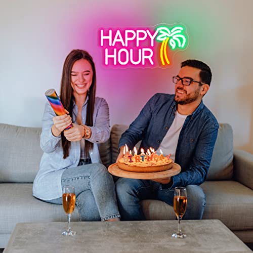Happy Hour Neon Signs Coconut Palm Tree Pink Neon Bar Light Sign (15.7x7.9")