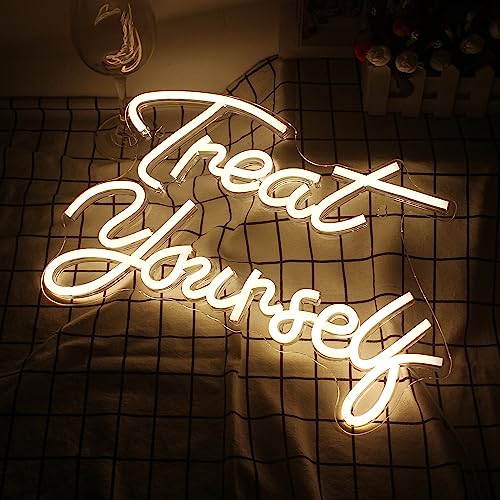 Treat Yourself Neon Sign LED Signs Word Neon Lights for Bedroom Happy LED Neon Sign for Wall Decor Wedding Decoration Birthday Party Girls Bedroom Wall Decor
