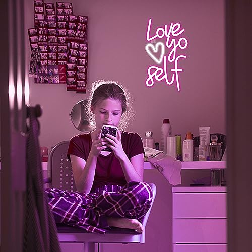 Love Yoself Neon Sign Heart LED Sign Pink Neon Lights Love Neon Sign Light up Sign Neon Signs for Wall Decor Christmas Party Birthday Gift Bar Pub Club Decoration