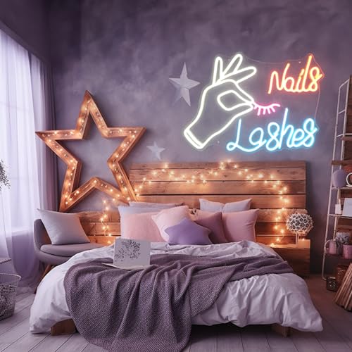 Nails Lashes Neon Sign, Signs for Wall Décor, Neon Lights for Bedroom, Light Up Sign for Beauty Nail Salon Décor, Beauty Bar Office (22x15 inches)
