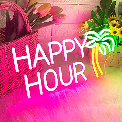Happy Hour Neon Signs Coconut Palm Tree Pink Neon Bar Light Sign (15.7x7.9")