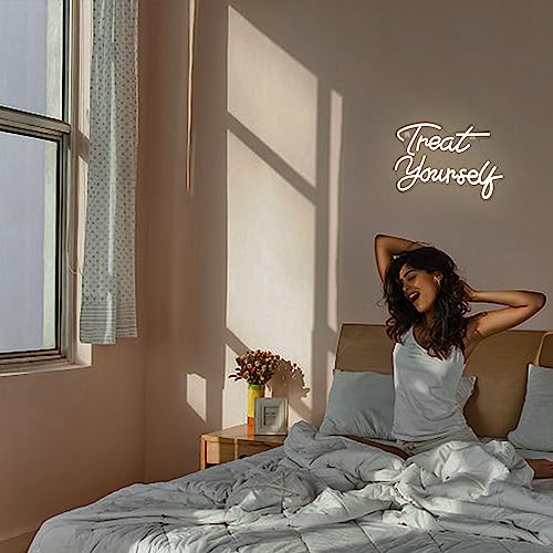 Treat Yourself Neon Sign LED Signs Word Neon Lights for Bedroom Happy LED Neon Sign for Wall Decor Wedding Decoration Birthday Party Girls Bedroom Wall Decor