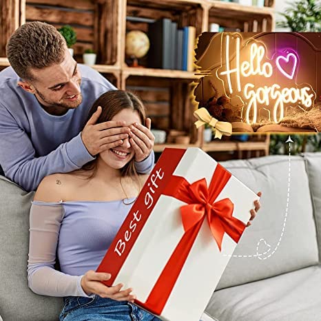 NEON SIGNS INDIA "Hello Gorgeous" Neon Signs for Wall Decor, Led Neon Sign for Birthday Bar Signs Wall Room Decorations White Neon Light 18 x 10 Inch With Brightness Controller (Warm White)