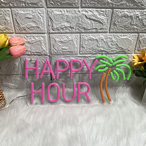 Happy Hour Neon Signs Coconut Palm Tree Pink Neon Bar Light Sign (15.7x7.9")