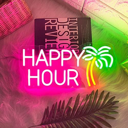 Happy Hour Neon Signs Coconut Palm Tree Pink Neon Bar Light Sign (15.7x7.9")