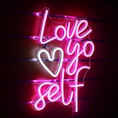 Love Yoself Neon Sign Heart LED Sign Pink Neon Lights Love Neon Sign Light up Sign Neon Signs for Wall Decor Christmas Party Birthday Gift Bar Pub Club Decoration