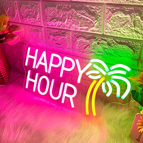 Happy Hour Neon Signs Coconut Palm Tree Pink Neon Bar Light Sign (15.7x7.9")