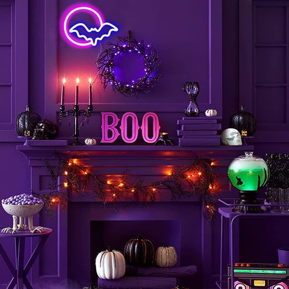 Neon Signs, Moon and Bat LED Neon Lights, Neon Light Sign for Wall Led Neon Sign for wall decor, bedroom, Kids Gift, Living Room, Bar, Party, Christmas, Wedding, Halloween
