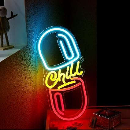 可愛い スカル カプセル　ネオンライト　CHILL　チル Neon Sign Chill Pill Light (7x 14 inches) Neonsignsindia