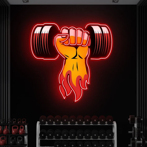 Flaming Dumbbell Neon Sign – Gym Motivation LED Light