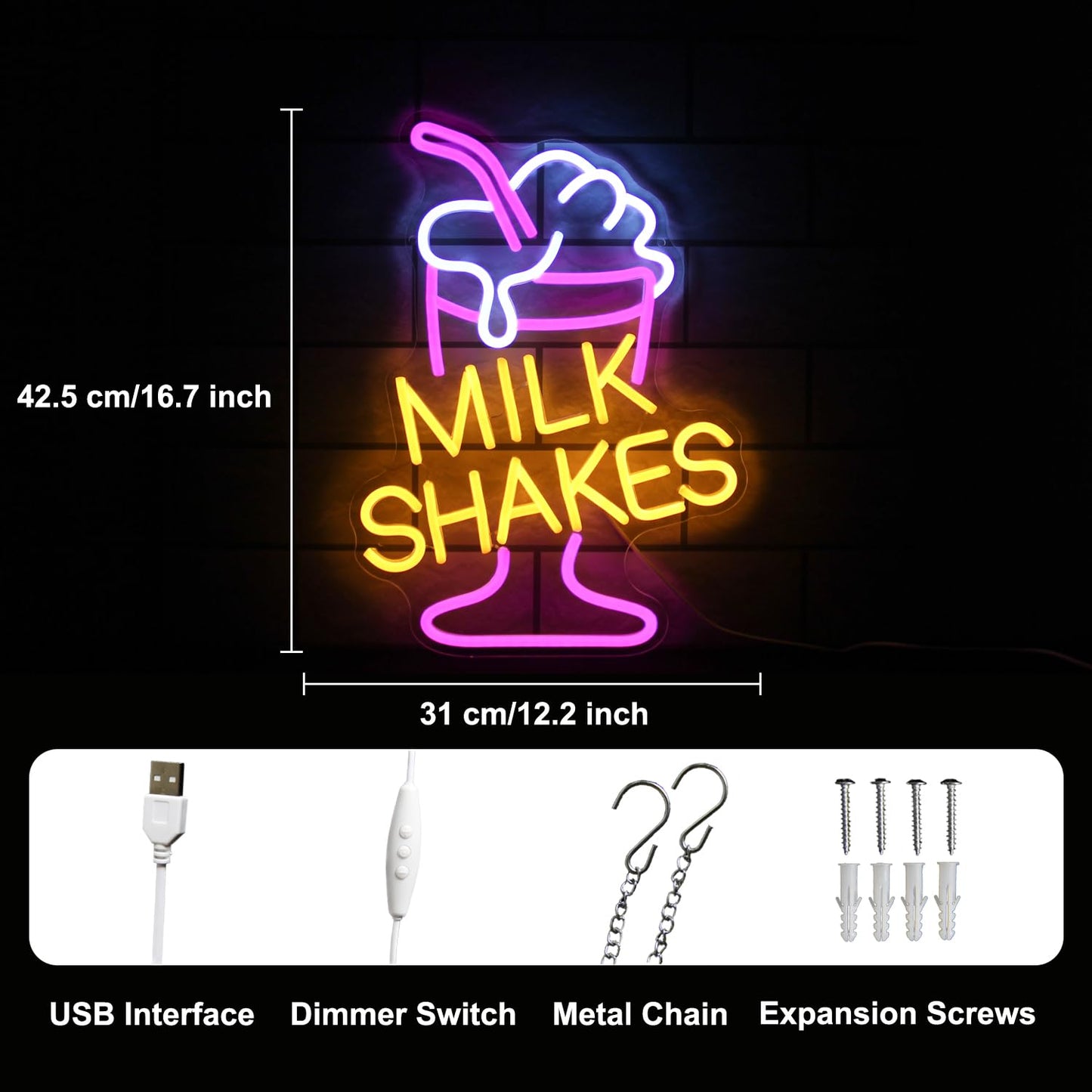 Milk Shakes Neon Signs Ice Cream Neon Sign Milk Tea LED Neon Light Frozen Yogurt Neon Signs for Wall Food Drink Restaurant Lights Neon Wall Decor Light Up Signs for Dessert Shop Bar Decor