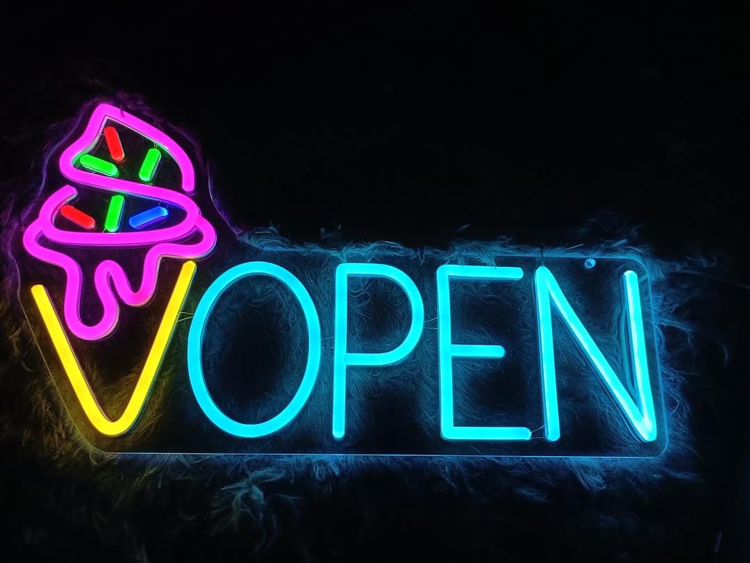 Ice Cream Sign Ice cream shop signs Ice cream Bar sign ice cream light Open Sign Ice Cream Decor neon signs ice cream light up Shop (16.5x9.75'', Ice Blue)