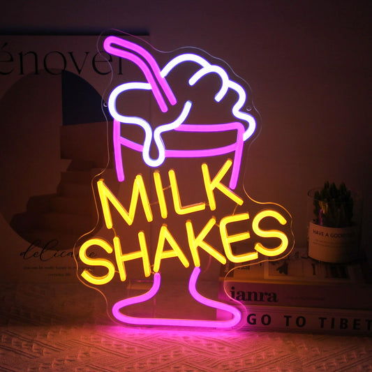 Milk Shakes Neon Signs Ice Cream Neon Sign Milk Tea LED Neon Light Frozen Yogurt Neon Signs for Wall Food Drink Restaurant Lights Neon Wall Decor Light Up Signs for Dessert Shop Bar Decor