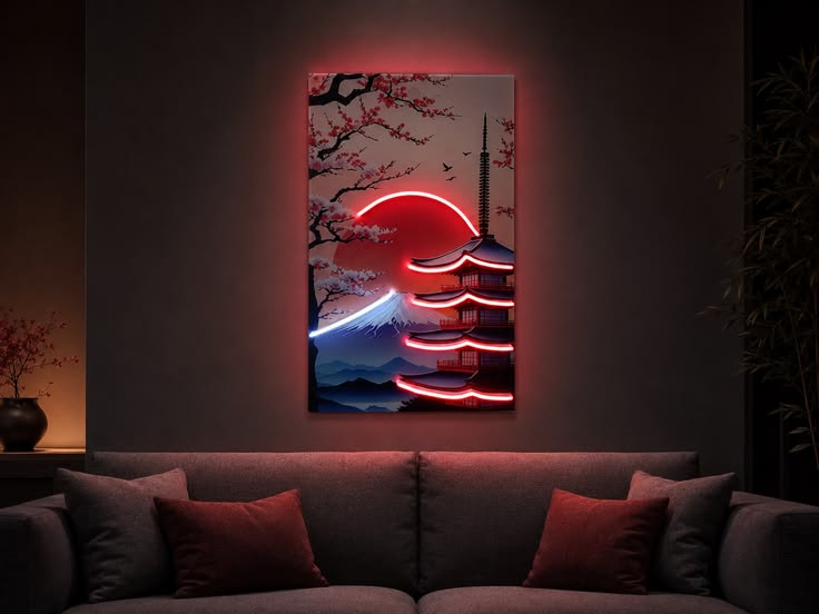 Japanese Pagoda LED Neon Wall Sign – Japanese Sunset & Mount Fuji Inspired Light Neonsignsindia