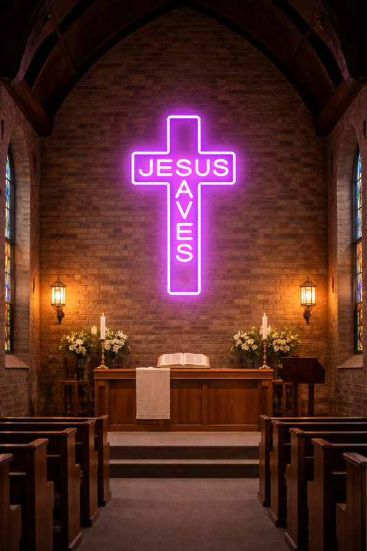 Jesus Saves Neon Cross Light – Purple LED Neon Sign for Church, Prayer Hall & Christian Wall Décor