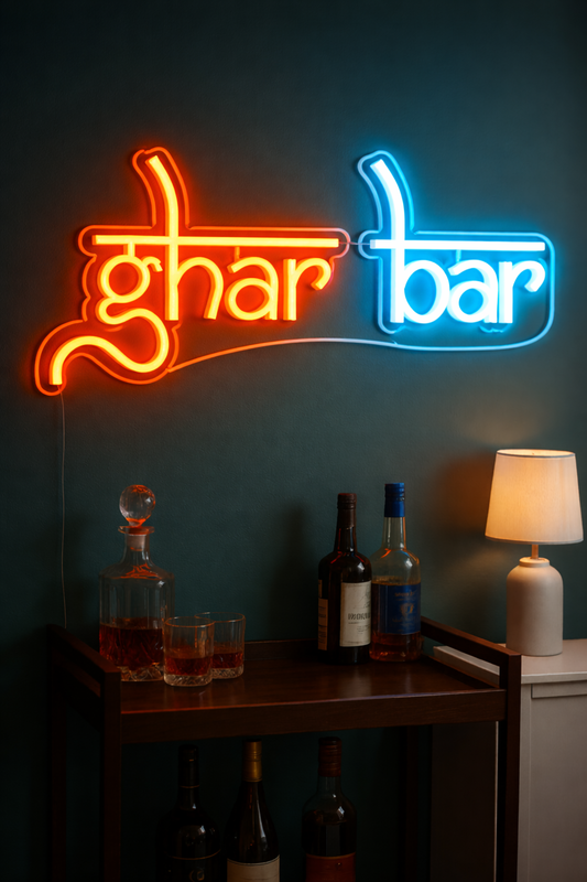 Ghar Bar LED Neon Sign – Hindi & English Dual-Tone Neon Wall Art (8x12Inches)