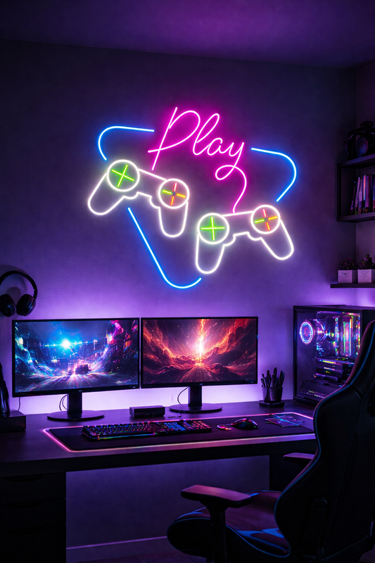 🎮 Play Game Neon Sign – Gamer LED Wall Light with Controllers