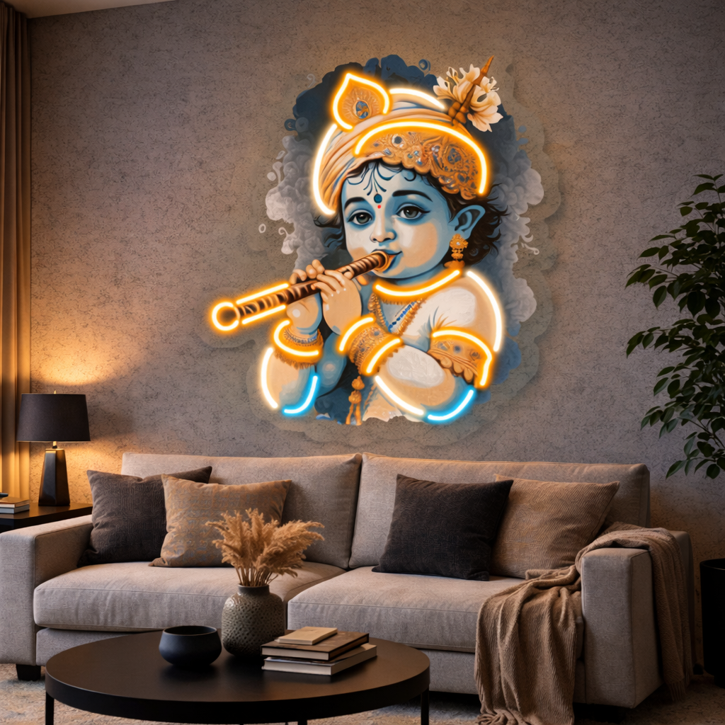 Baby Krishna Neon Wall Art – Divine LED Spiritual Home Décor