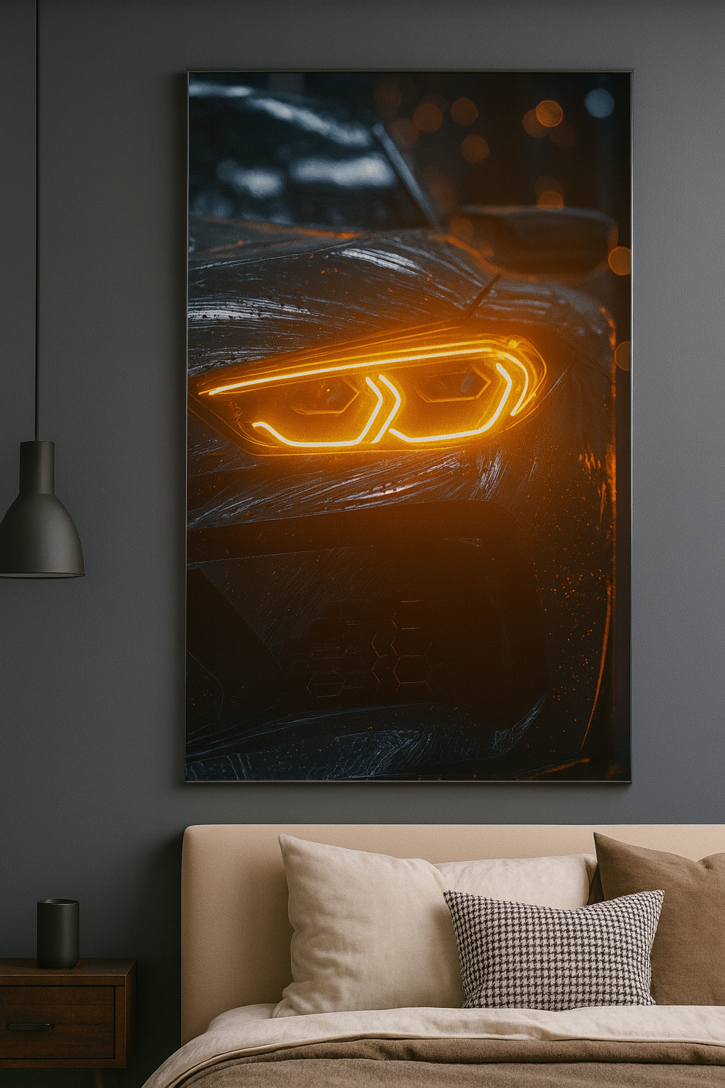 Inferno Eyes Neon Car Poster – Fire Orange Glow Wall Art