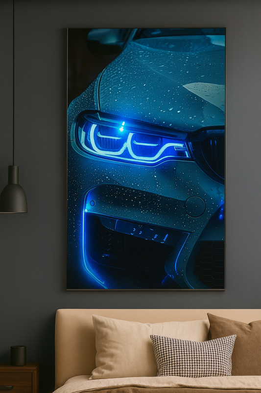 blue Lightning Neon Car Poster – Rain Night Street Aesthetic