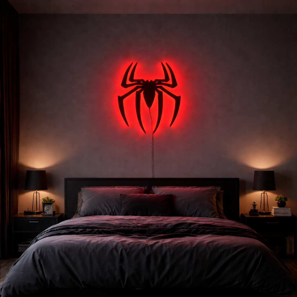 Spider Emblem Neon Wall Light – Red Shadow Glow Game room