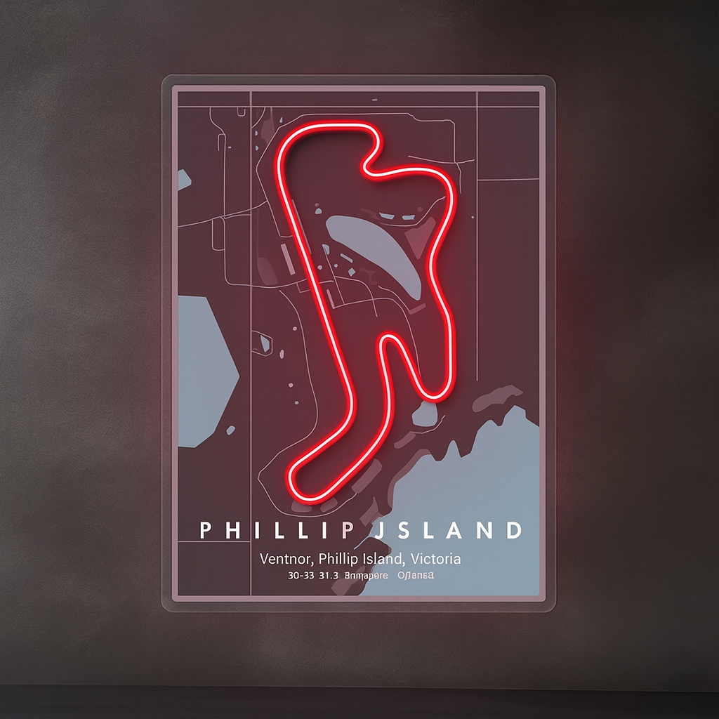 Phillip Island Racing  F1 Circuit LED Neon Wall Art – Minimal Track Map Glow Sign