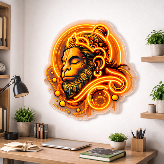 Divine Hanuman Neon Art – Radiant Orange Spiritual Wall Decor