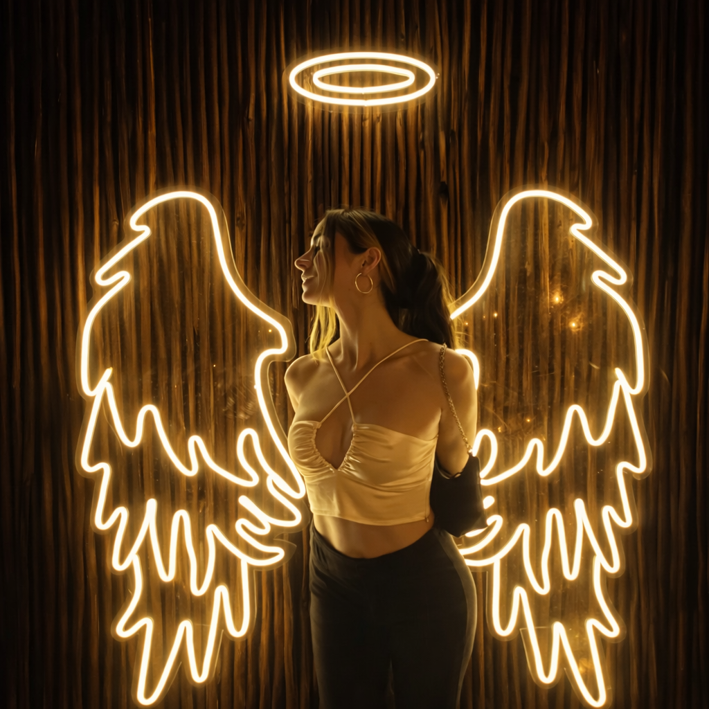 Angel Wings Neon Wall Art with Halo – LED Photo Wall Décor