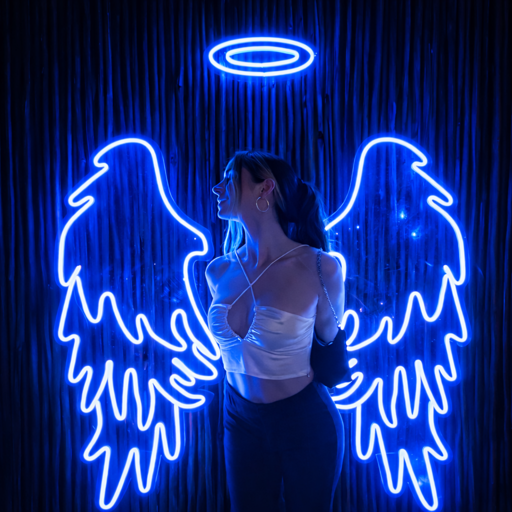 Angel Wings Neon Wall Art with Halo – LED Photo Wall Décor
