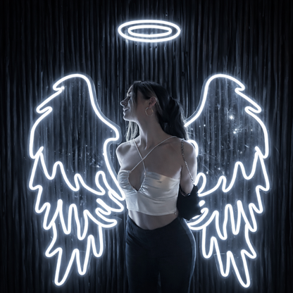 Angel Wings Neon Wall Art with Halo – LED Photo Wall Décor