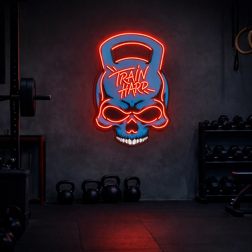 Train Hard Skull Kettlebell Neon LED Sign – Gym Motivation Wall Decor