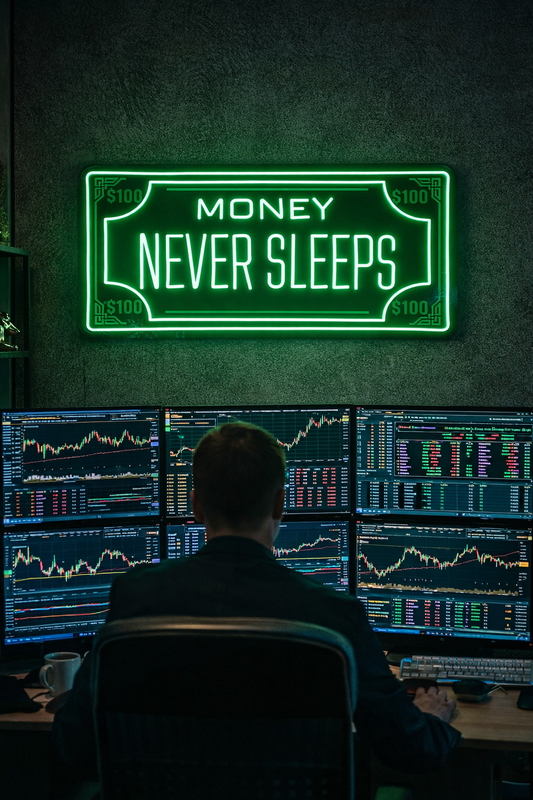 💸 Money Never Sleeps Neon Sign – Green Hustle LED Wall Art (36*18 INCH)