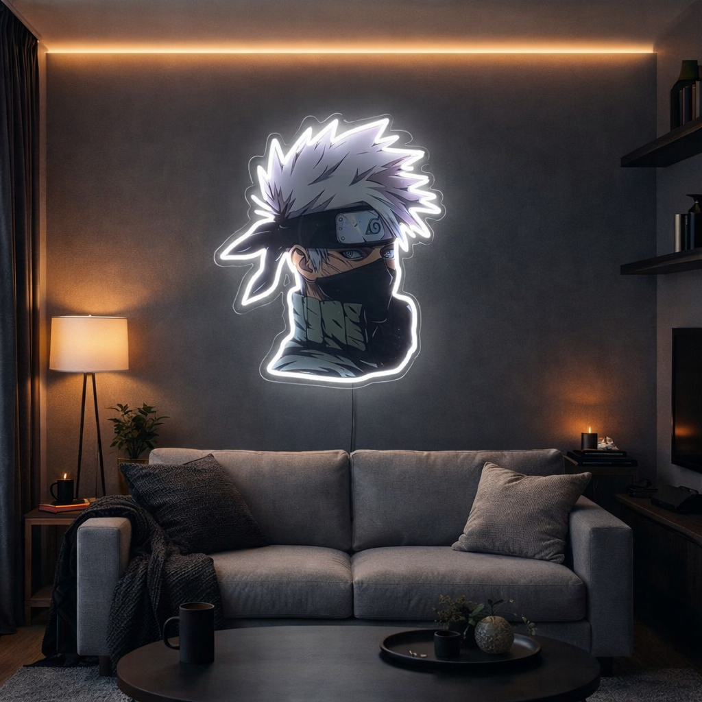 Masked Anime Warrior Neon Wall Art – White LED Plexiglass Neon Sign Game Room