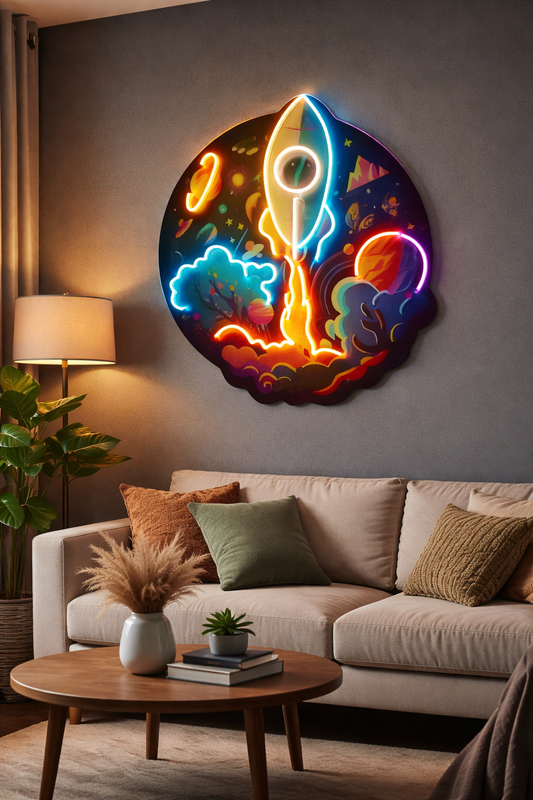 Rocket Launch Neon Wall Art – LED Space-Themed Living Room Decor