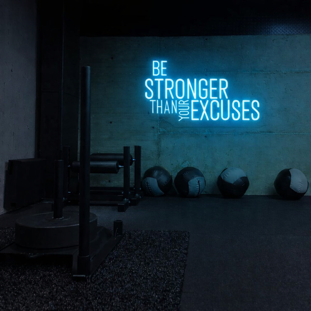 Be Stronger Than Your Excuses – Blue LED Neon Gym Wall Sign
