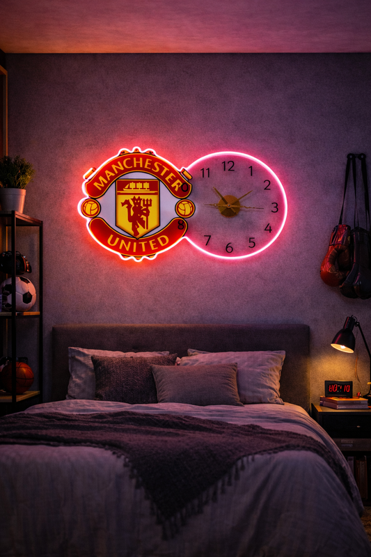 Manchester United Neon LED Wall Clock – Red Devils Fan Decor (14*24 inch)