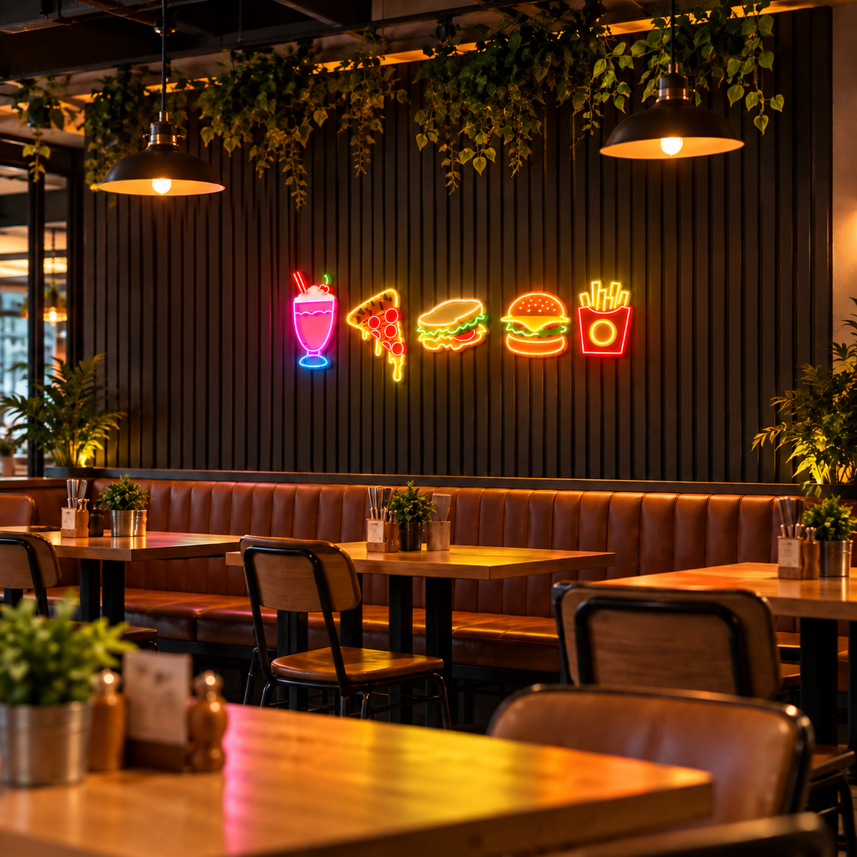 Restaurant Food Neon Sign Set – Burger, Pizza, Fries & Milkshake LED Wall Decor Neonsignsindia