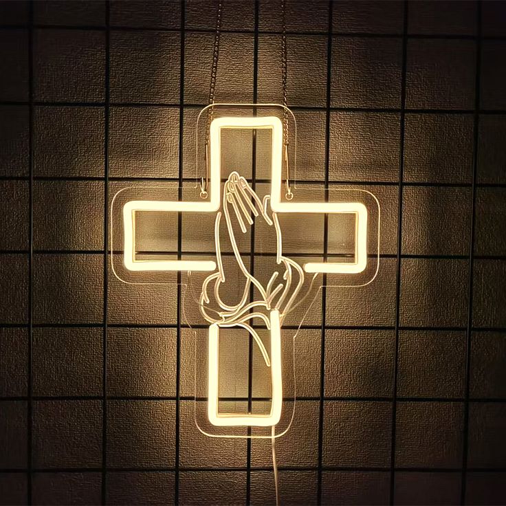✝️ Praying Hands Cross Neon Sign – Faith LED Wall Light